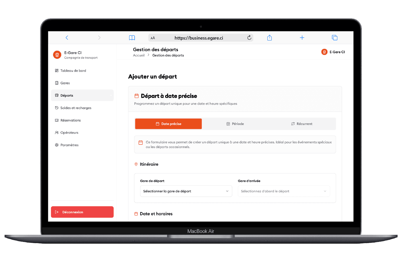 Interface de gestion des départs